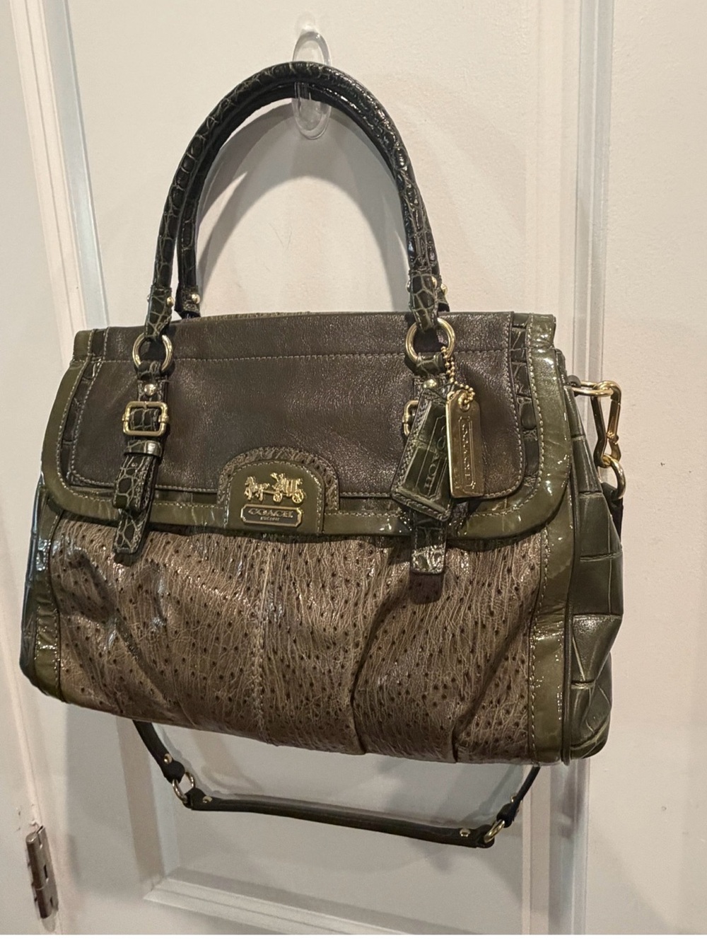 Coach Madison Flap Carryall Olive Green Leather Satchel with Gold Hardware (New)